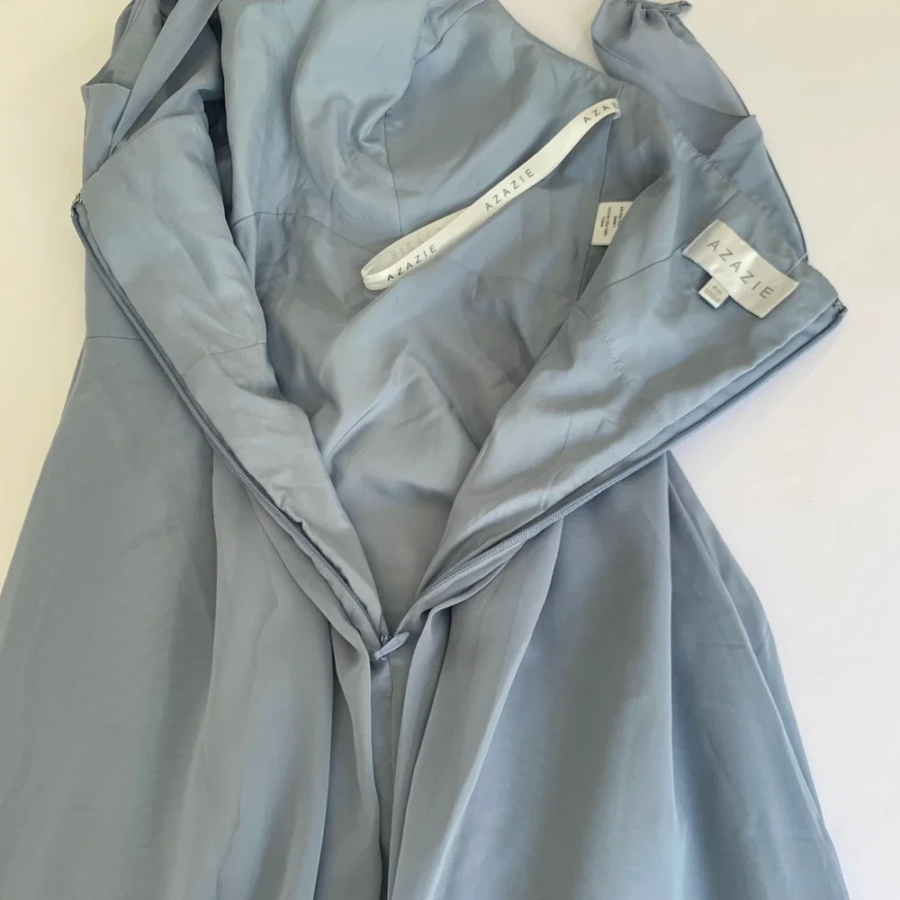 NWT Azazie Sarah Bridesmaid Dress 10 Dusty Blue Halter Chiffon Maxi Formal Gown‎